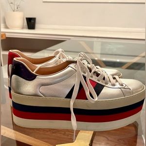 Gucci Silver Calfskin Peggy Platform Wedge Men's Sneakers 7.5